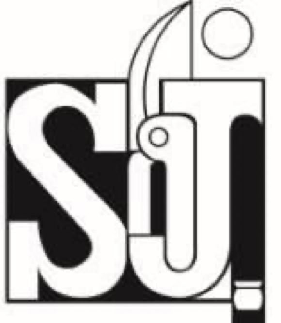 Logo en noir et blanc avec les lettres "S", "i", "j" stylisées, intégrant un couteau et un point.